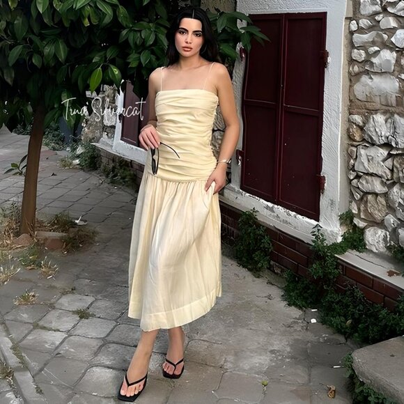 BLOGGER'S FAVE! Zara Draped Midi Dress Taupe Brown NWT - Picture 7 of 17